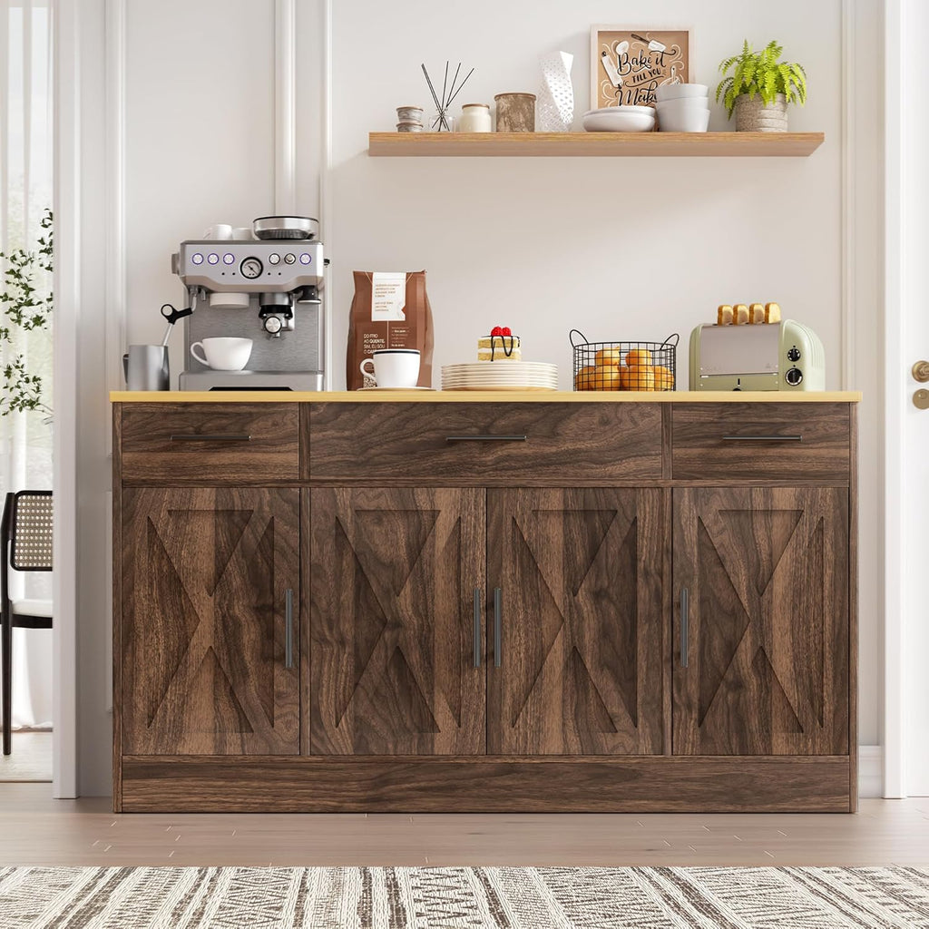 Vongrasig Buffet Cabinet with Drawers, 53” Large Sideboard Buffet Kitchen Storage Cabinet, Modern Farmhouse Coffee Bar with Shelves and Doors, Wood Buffet Table for Kitchen, Dining Room, Rustic Brown