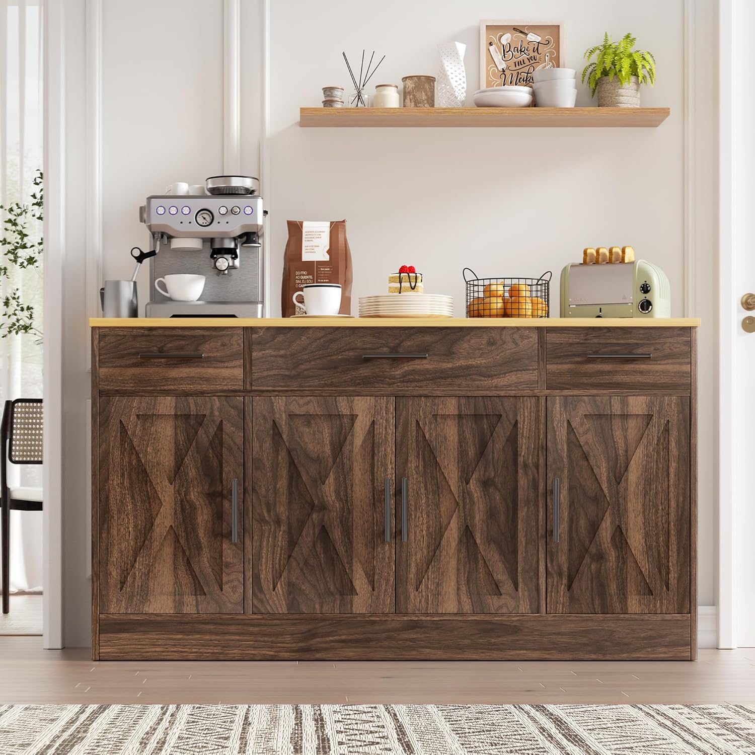 Vongrasig Buffet Cabinet with Drawers, 53” Large Sideboard Buffet Kitchen Storage Cabinet, Modern Farmhouse Coffee Bar with Shelves and Doors, Wood Buffet Table for Kitchen, Dining Room, Rustic Brown