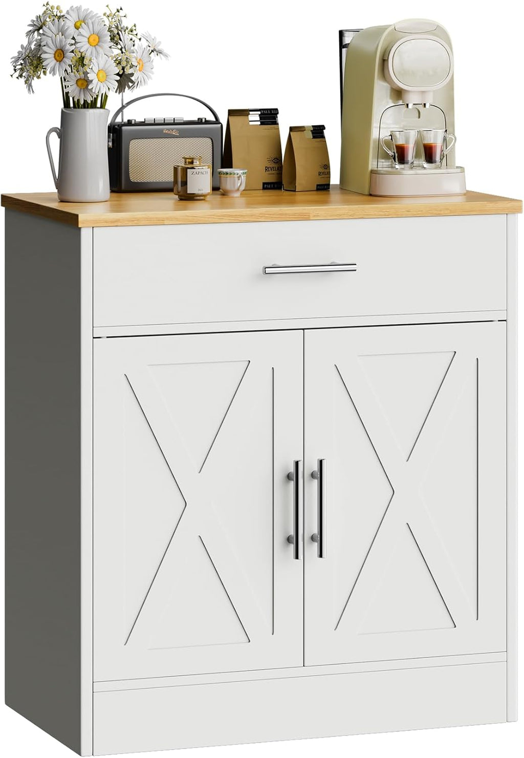 SUNLEI Sideboard Buffet Cabinet, Wooden Storage Cabinet with 2 Doors & 1 Drawers, Farmhouse Coffee Bar Cabinet with Storage for Living Room, Adjustable Shelf, White&Yellow
