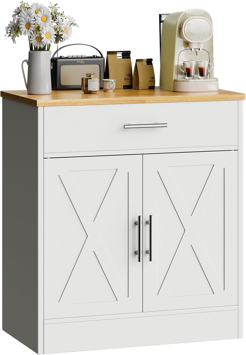 SUNLEI Sideboard Buffet Cabinet, Wooden Storage Cabinet with 2 Doors & 1 Drawers, Farmhouse Coffee Bar Cabinet with Storage for Living Room, Adjustable Shelf, White&Yellow