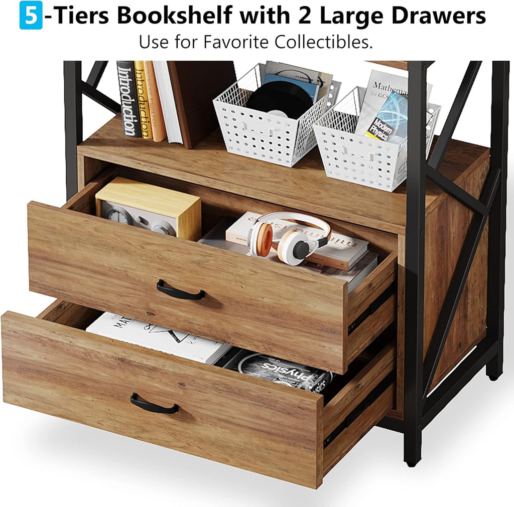 Tribesigns Bookshelf with Drawers, 70.8" Industrial Bookcase with 2 Drawers, 5 Shelf Open Shelf for Storage, Wood Book Shelf for Living Room, Bedroom, Home, Office (1, Rustic Brown)