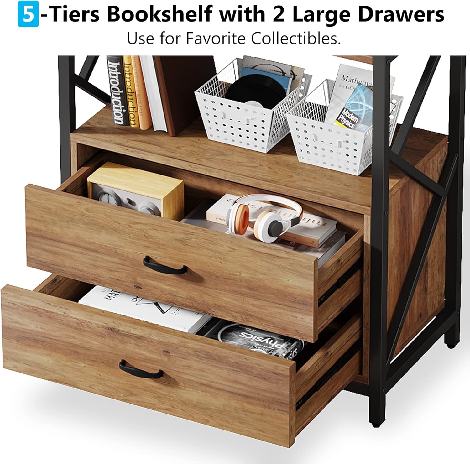 Tribesigns Bookshelf with Drawers, 70.8" Industrial Bookcase with 2 Drawers, 5 Shelf Open Shelf for Storage, Wood Book Shelf for Living Room, Bedroom, Home, Office (1, Rustic Brown)