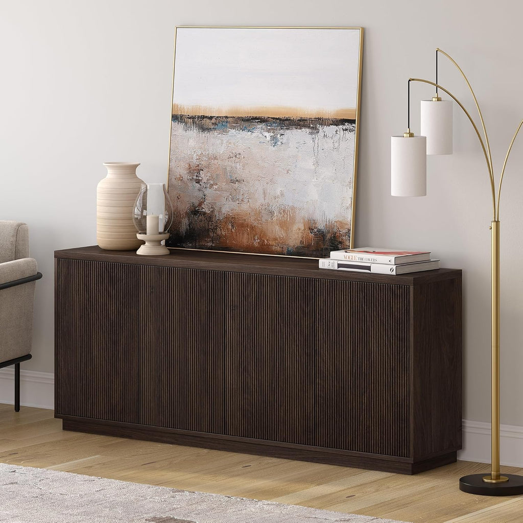 Henn&Hart 68" Fluted Sideboard Buffet Cabinet, Modern Ribbed Wooden Credenza with 4 Doors, Adjustable Shelves, and Cable Management Cut-Outs for Dining Room, Living Room or Entryway, Rich Brown