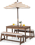 HONEY JOY Kids Picnic Table, Outdoor Wooden Table & Bench Set w/Removable Cushions and Umbrella, Stripe Fabric, Children Backyard Furniture for Patio Garden, Gift for Toddler Boys Girls Age 3+(Coffee)