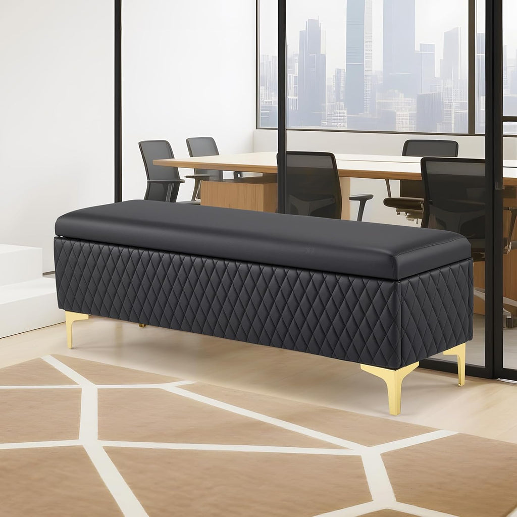 OmySalon Waiting Room Bench with Storage, Faux Leather Office Guest Chair Lobby Seating, Reception Furniture for Small Salon Barbershop Conference Business