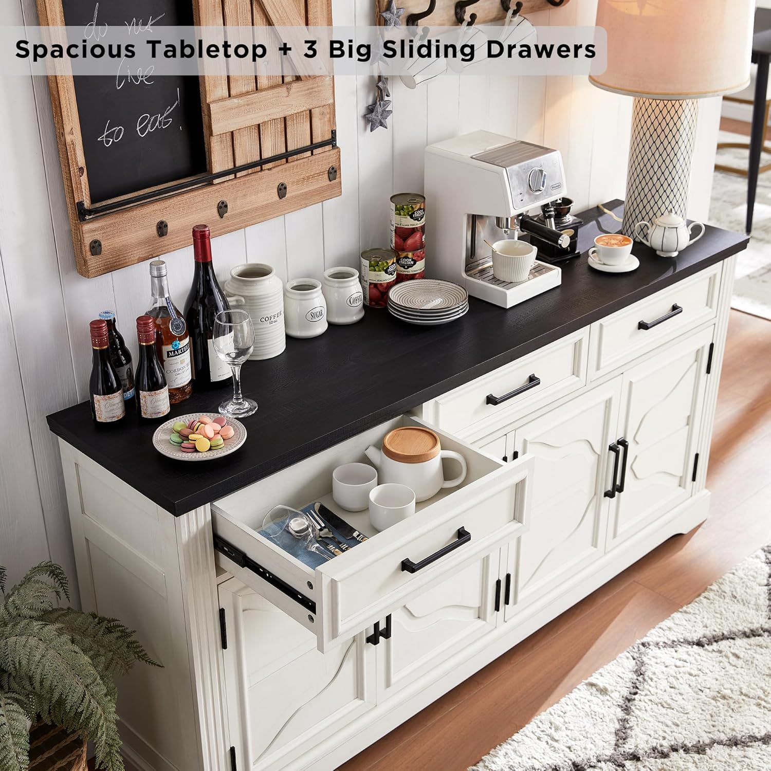 JXQTLINGMU 66" Farmhouse Buffet Cabinet with Storage, Sideboard Credenza with 4 Door Cabinets, Adjustable Shelves & 3 Drawers, Coffee Bar Cabinet for Dining Room, Kitchen, Living Room, Off White