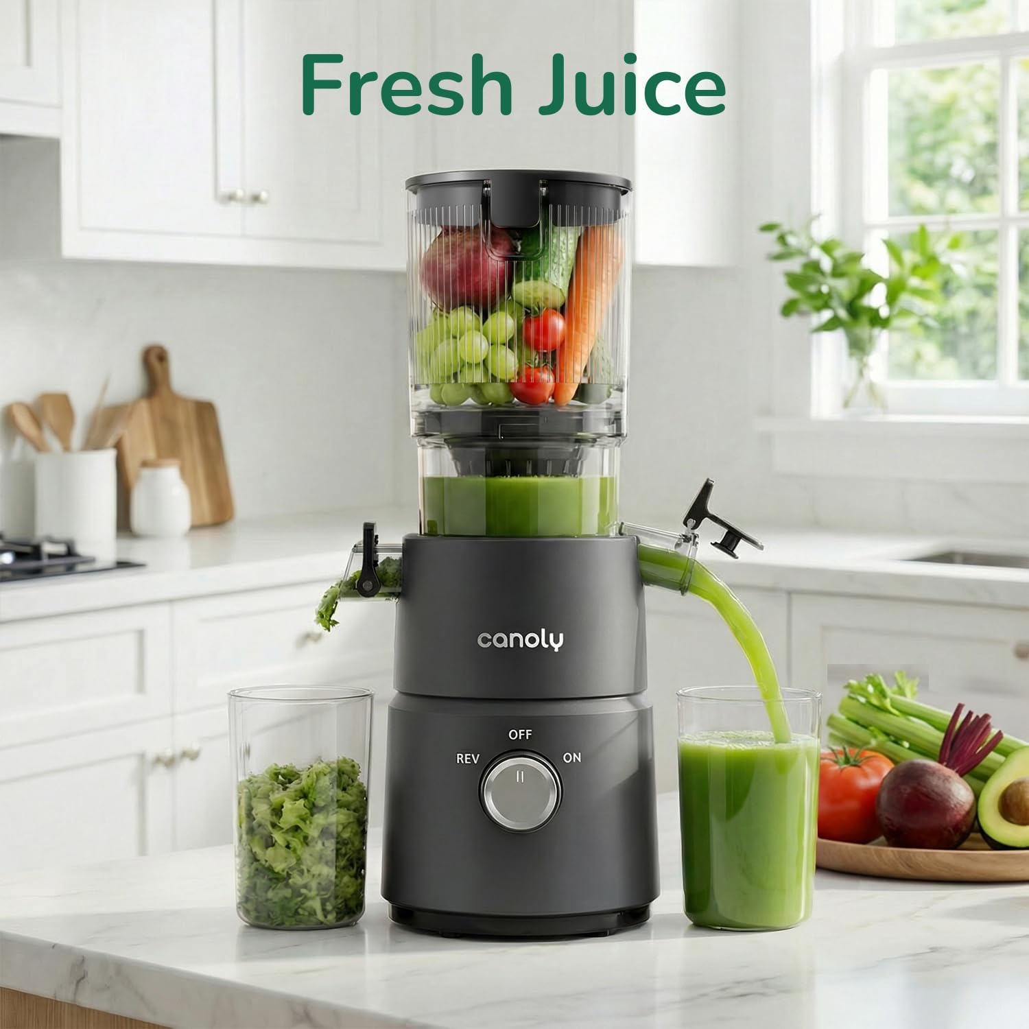 Canoly C03 Cold Press Juicer, 4.5" Wide Feed Chute Masticating Juicer Machine for Whole Fruits and Vegetables, 200W Powerful Quiet Motor, 2-in-1 Strainer (Juice & Nut Milk), Space-Saving (Matte Black)