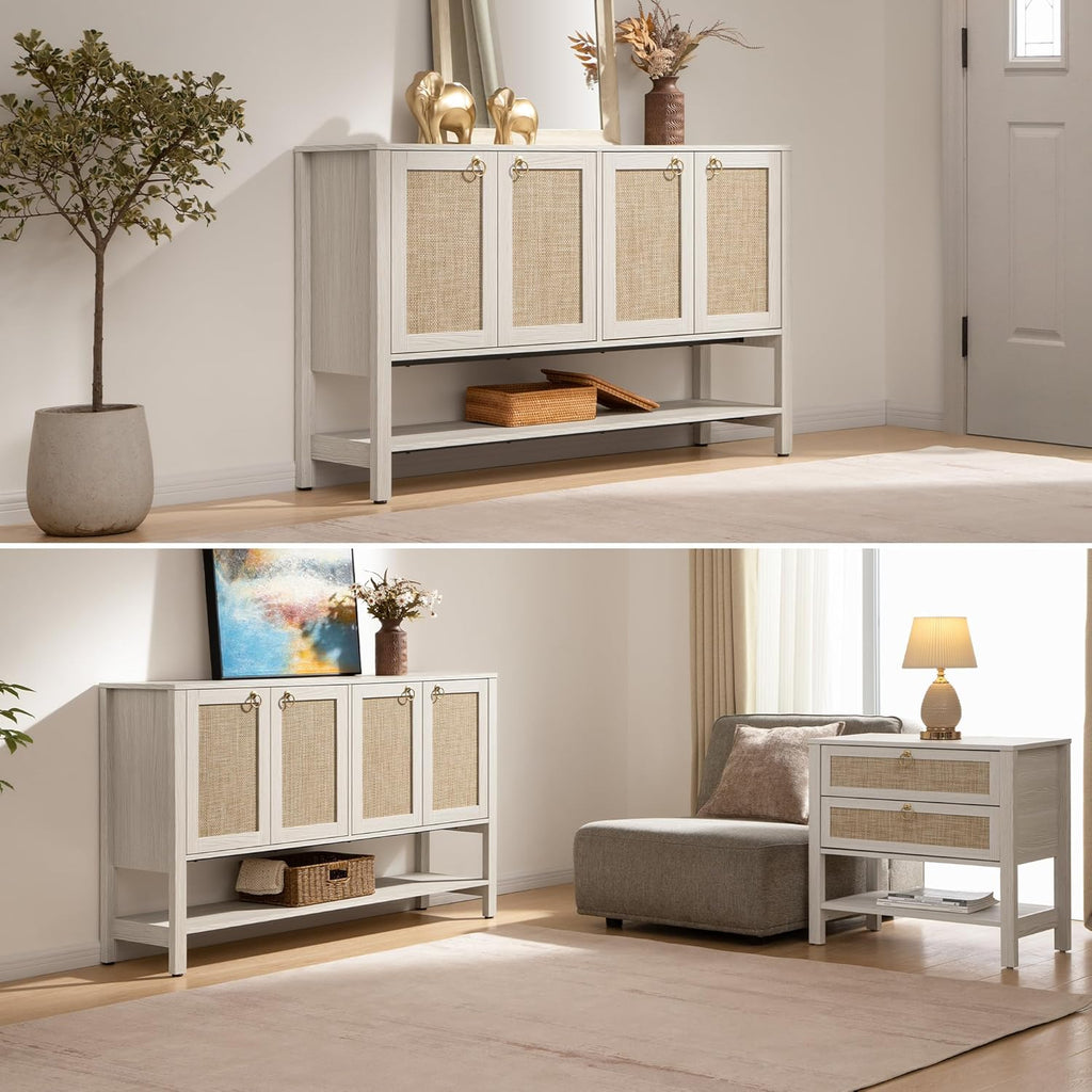 SICOTAS Sideboard Buffet Cabinet with Rattan Doors, 55" Boho Coffee Bar Cabinet with Open Shelf, Modern Farmhouse Credenza & Console Table for Entryway, Kitchen, Dining Room