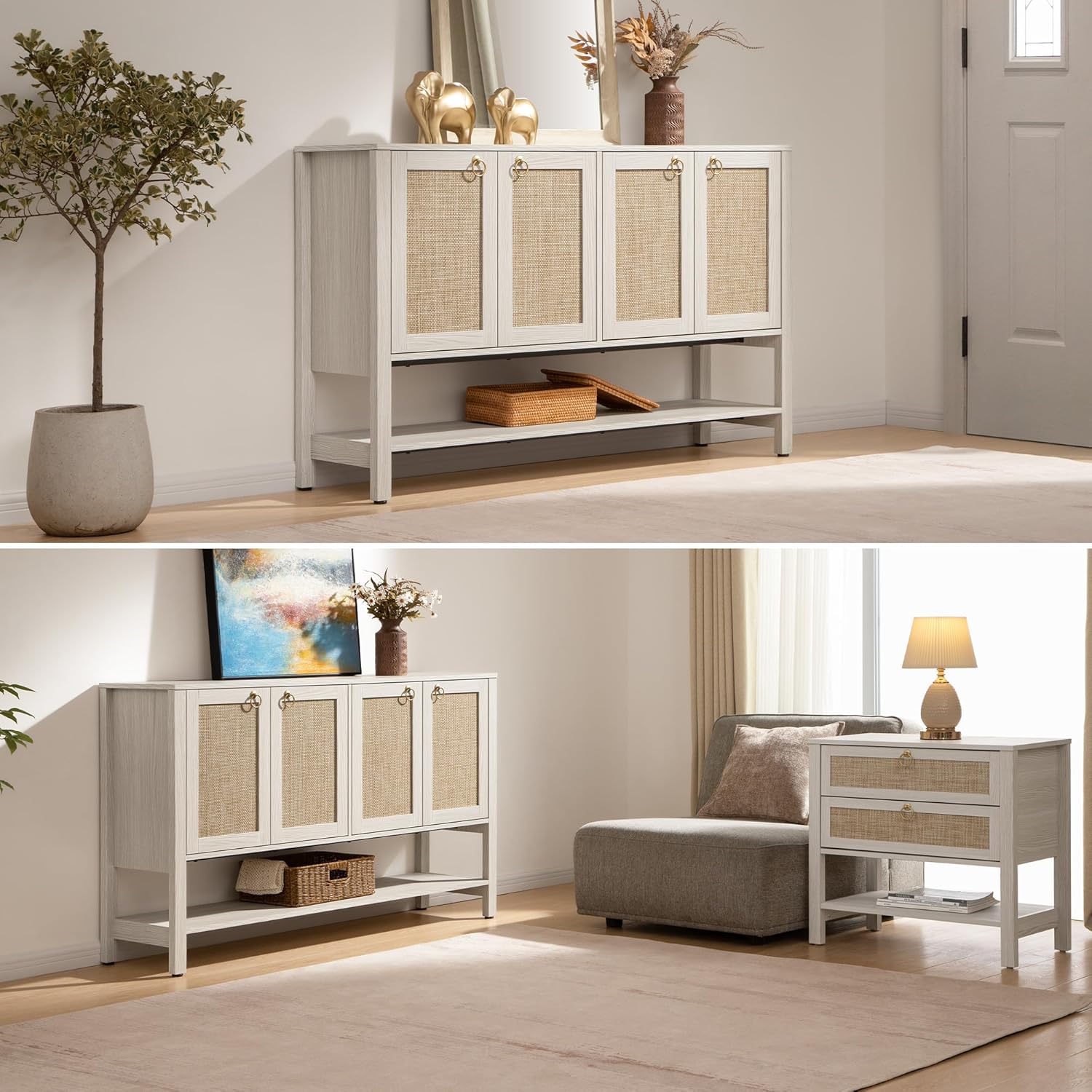 SICOTAS Sideboard Buffet Cabinet with Rattan Doors, 55" Boho Coffee Bar Cabinet with Open Shelf, Modern Farmhouse Credenza & Console Table for Entryway, Kitchen, Dining Room