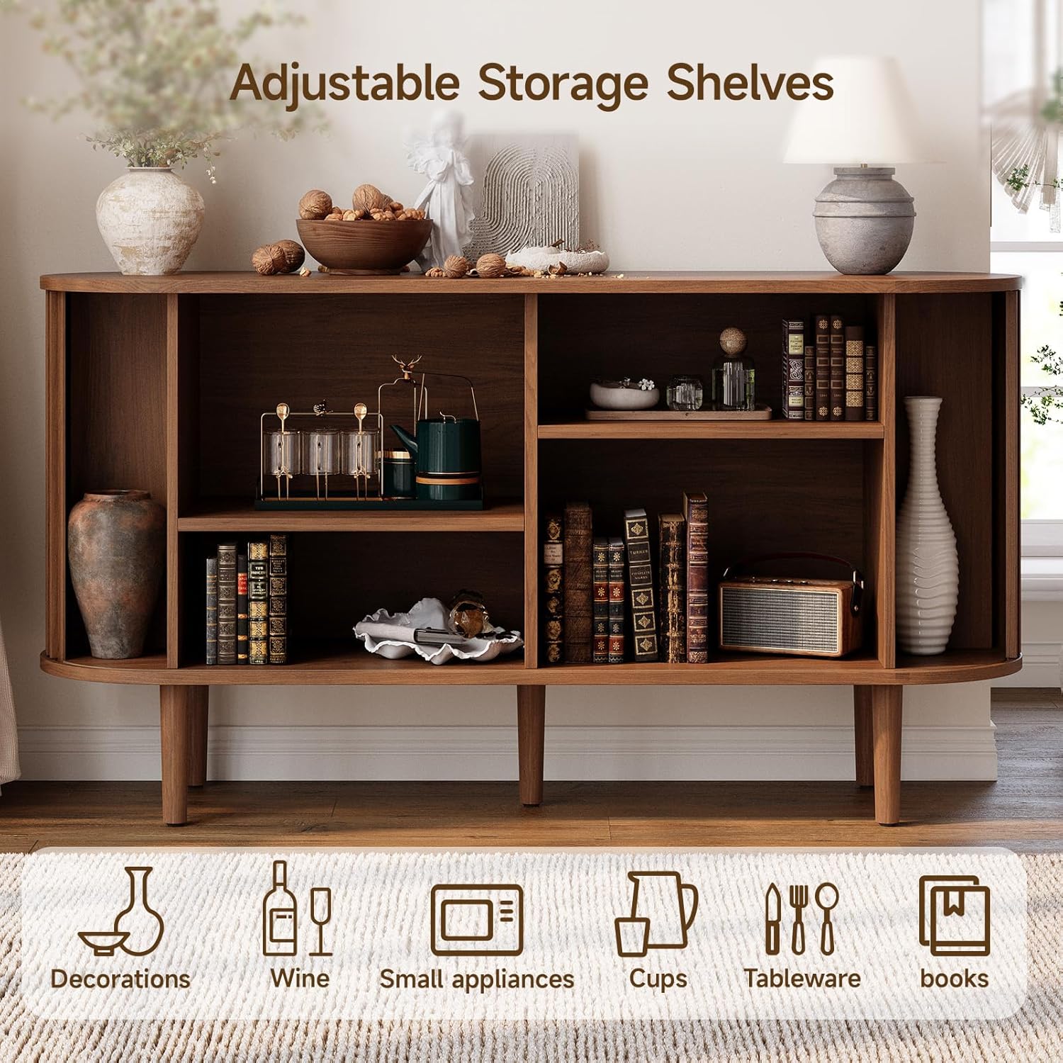 ONBRILL 55" Buffet Sideboard Cabinet with Sliding Doors, Mid-Century Modern Sideboard Buffet Cabinet with Storage & Adjustable Shelves, Accent Coffee Bar Console Table for Kitchen, Entryway, Walnut