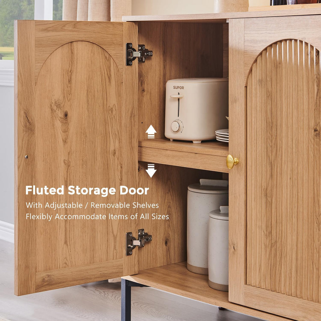 IFBUY Modern Sideboard Buffet Cabinet, 61.75" W Fluted Arched Buffet Cabinet with Storage and Adjustable Shelves, Wooden Modular Coffee Bar Cabinets for Kitchen, Entryway, Natural