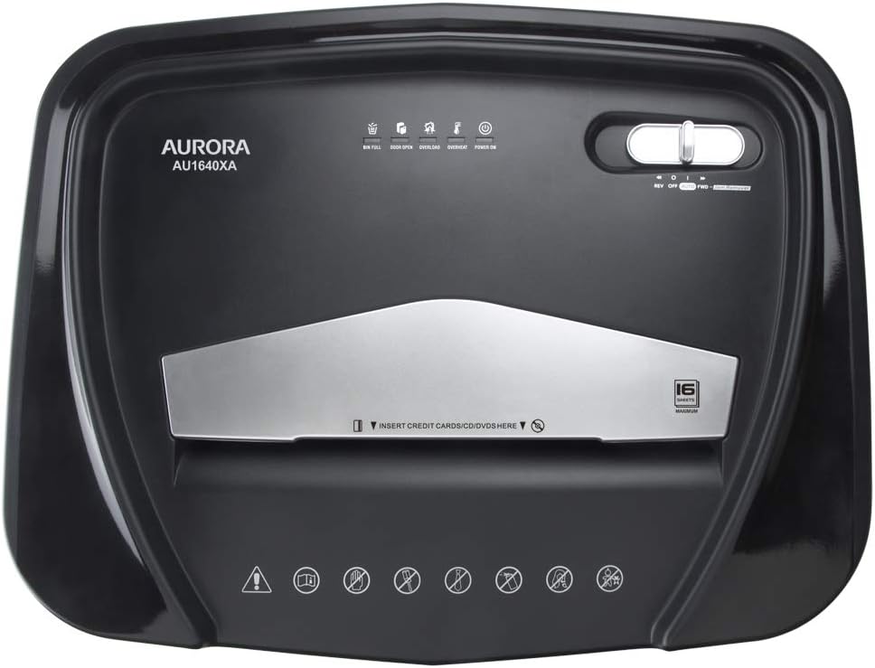 Aurora AU1640XA Anti-Jam 16 Sheet Crosscut Paper/CD and Credit Card/ 5 Gal Pullout Basket Shredder, 30 Minutes Continuous Run Time