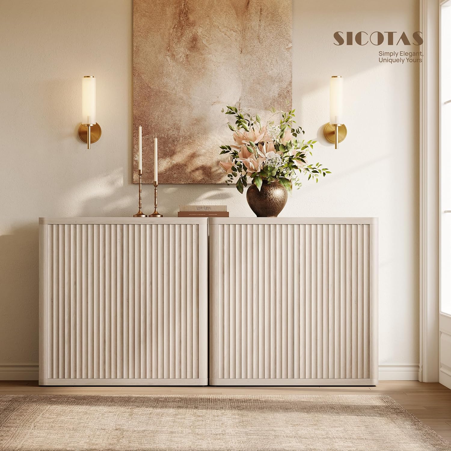 SICOTAS Buffet Cabinet with Storage 103.8" Sideboard Accent Modern Credenza with Doors & Shelves Fluted Tall Media Console Mid Century Coffee Bar Table for Living Room Kitchen Dining Room Hallway