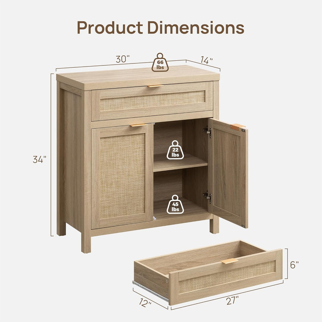 SICOTAS Sideboard Buffet Storage Cabinet Set of 2, Rattan Credenza Buffet Table, Boho Console Accent Cabinet with Doors and Drawer, Coffee Bar Cabinets for Kitchen Entryway Living Room, Natural