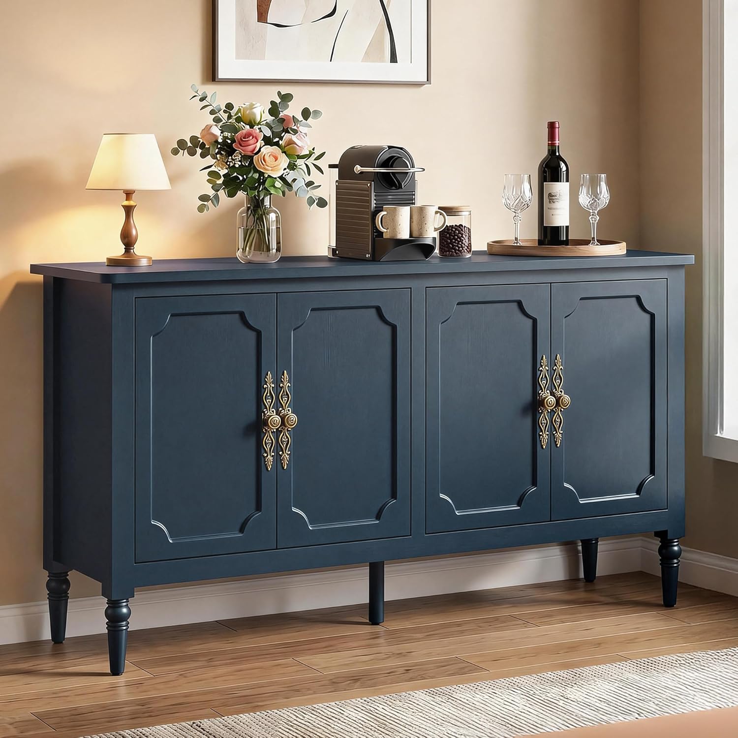 RoyalCraft Buffet Cabinet with Storage, Vintage Sideboard with Adjustable Shelves, Mid Century Modern Painted Credenza Coffee Bar for Kitchen, Dining Room, Entryway, Blue, 58.9" W x 16.5" D x 31.8" H
