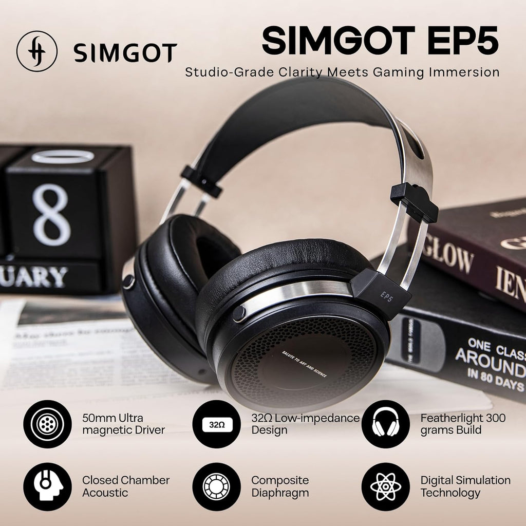 Linsoul SIMGOT EP5 Over-Ear Headphones, 50mm Ultra-Magnetic Drivers, Innovative Closed-Back HiFi Monitor, Dual 3.5mm TRS Detachable Cable, Lightweight Gaming Wired Headset for PC/Mobile