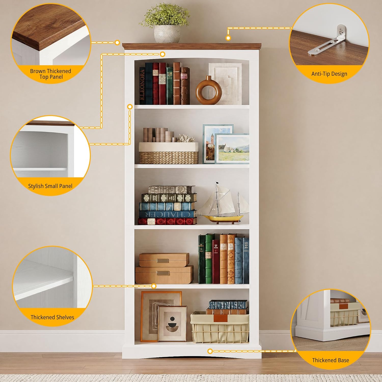 IRONCK 5 Tier Farmhouse Bookcase, 70.9" Tall White Bookshelf with Brown Top and Side Brace Panels, Large Open Display Storage Shelf for Living Room, Bedroom, Home Office, Entryway