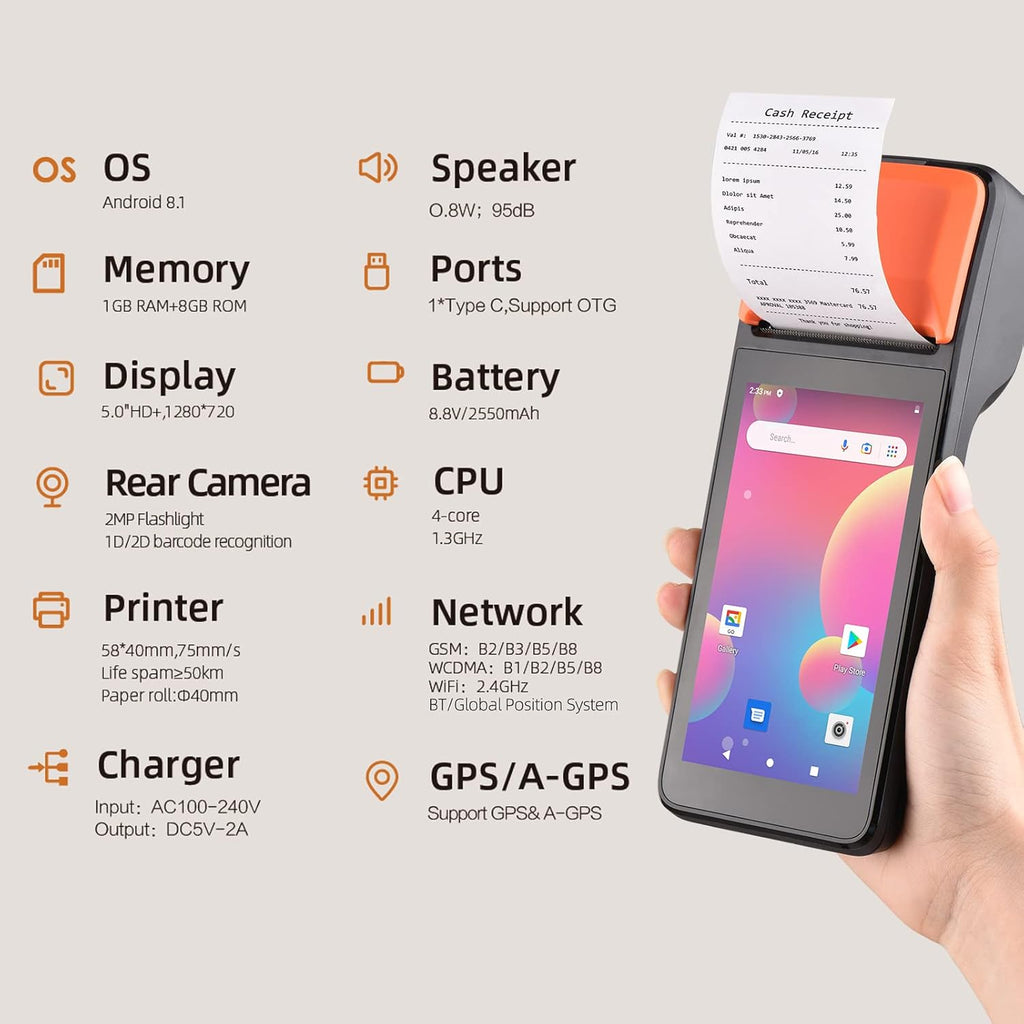 POS Receipt Printer, Handheld 3G PDA Terminal for Android 8.1 1D 2D Barcode Scanner, Support 3G BT WCDMA, with 5in Touchscreen, 58mm Width Thermal Label Printing for Supermarket Small Business