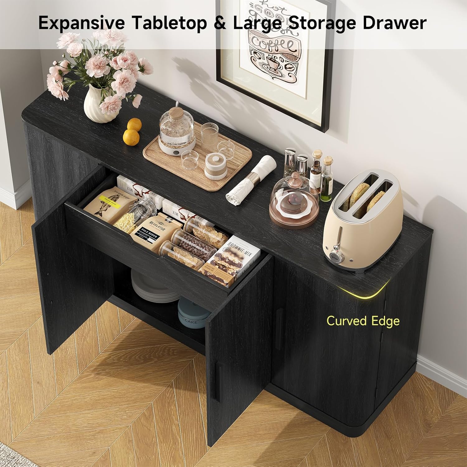ONBRILL 63" Curved Buffet Cabinet with Storage and 4 Doors, Large Sideboard Buffet Storage Cabinet with Adjustable Shelves, Modern Coffee Bar Table for Dining Room, Living Room, Entryway (Black)