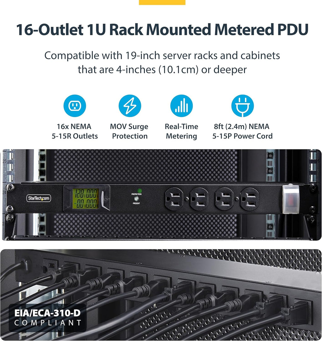 StarTech.com 16-Outlet Horizontal Rack Mount Metered PDU, 1U Server Power Strip w/Surge Protector, 8ft/2.4m Power Cable, TAA