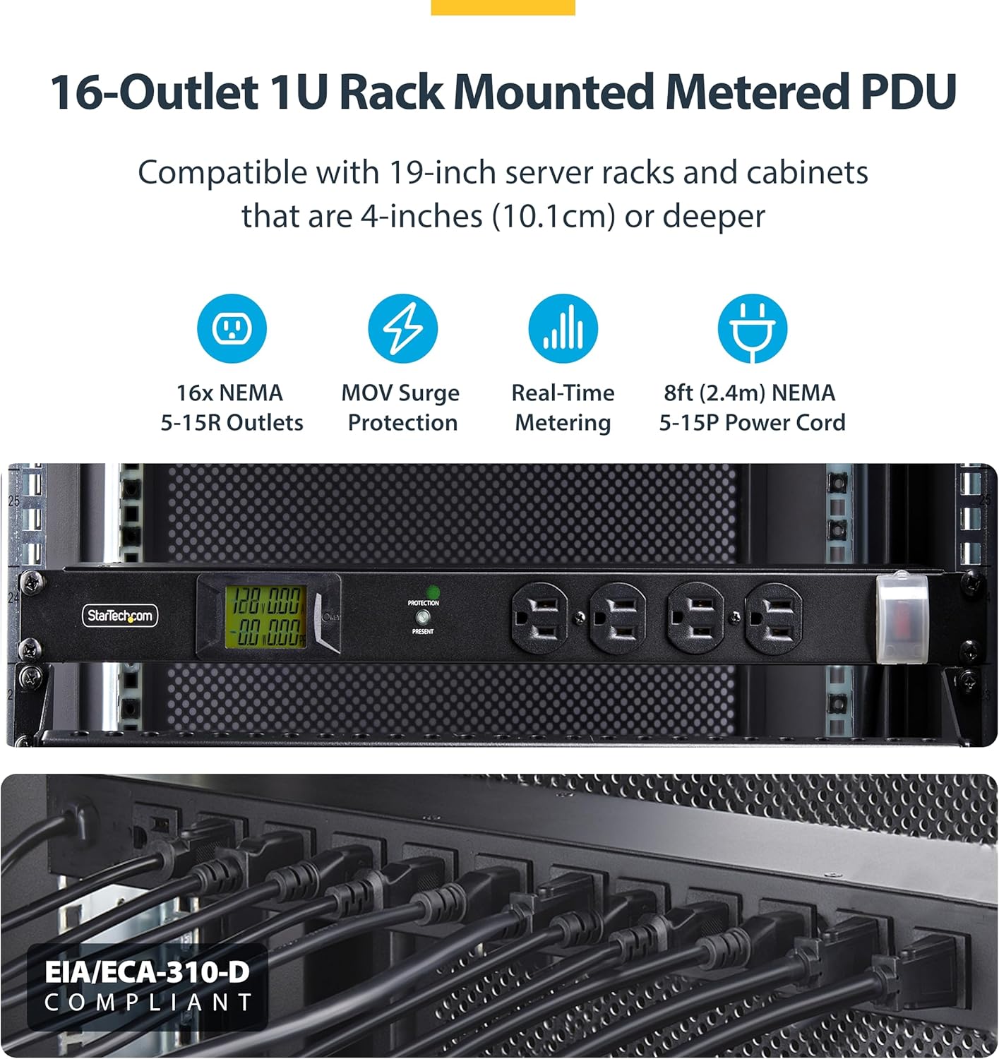 StarTech.com 16-Outlet Horizontal Rack Mount Metered PDU, 1U Server Power Strip w/Surge Protector, 8ft/2.4m Power Cable, TAA