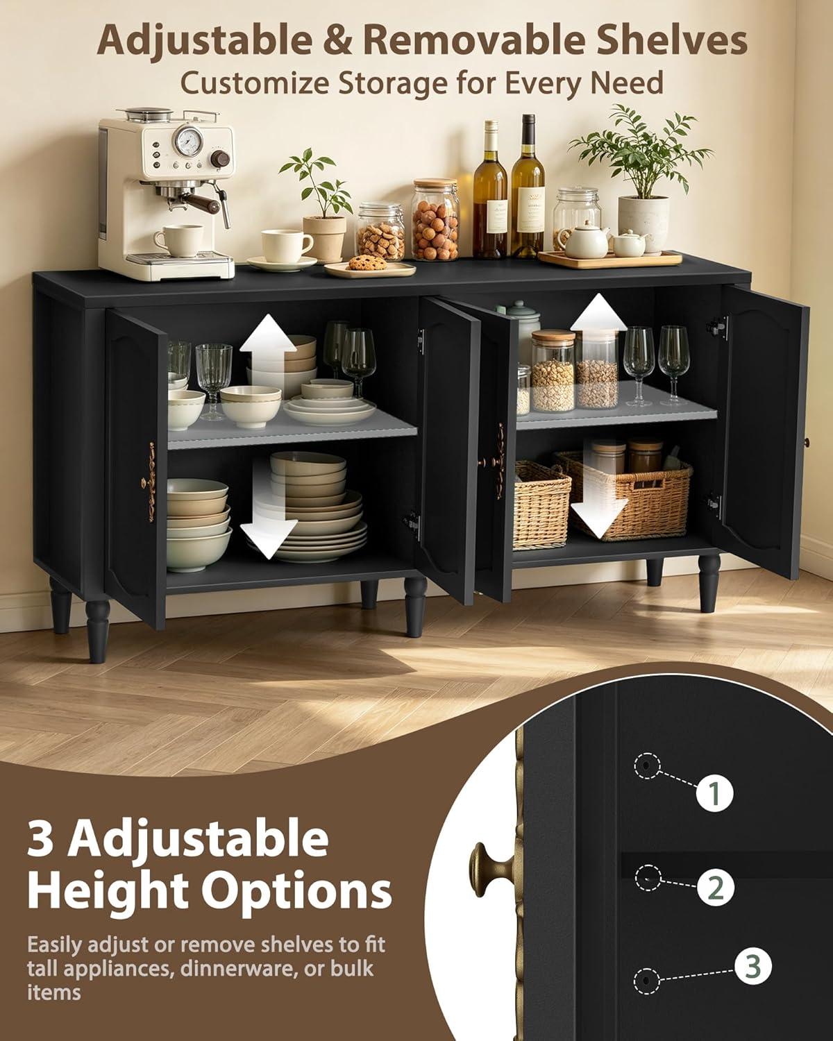 fineway 63" Sideboard Buffet Cabinet with Storage, Mid Century Modern Credenza with Adjustable Shelves & Carved Handles, Kitchen Buffet Table Large Coffee Bar for Dining Room & Living Room, Black