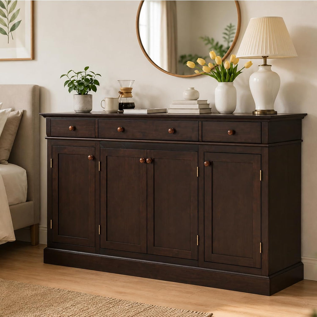 60 Inch Sideboard Buffet Cabinet with Storage, Farmhouse Credenza with 4 Doors and 3 Drawers, Wood Kitchen Coffee Bar with Adjustable Shelves for Dining Room, Living Room (Walnut)