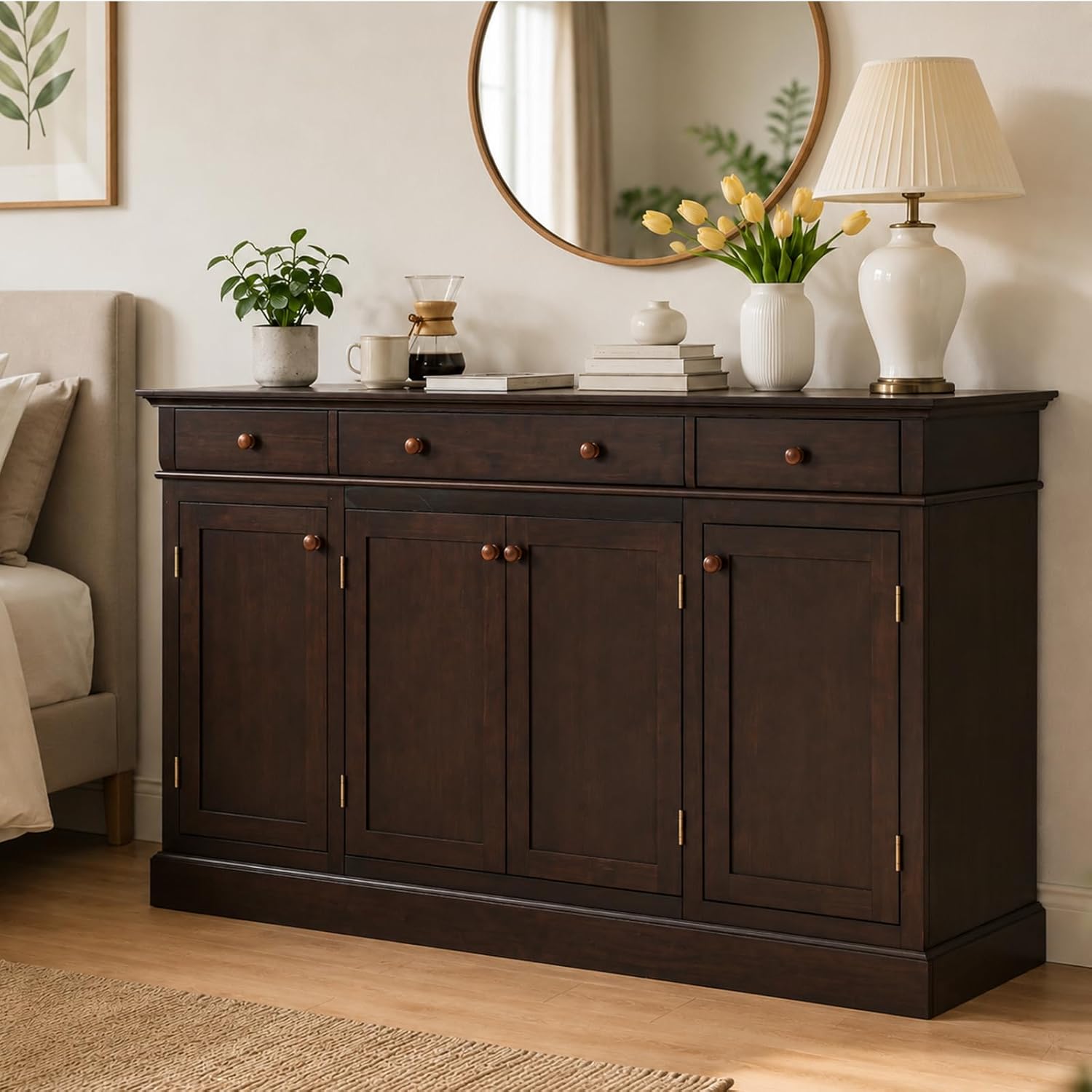 60 Inch Sideboard Buffet Cabinet with Storage, Farmhouse Credenza with 4 Doors and 3 Drawers, Wood Kitchen Coffee Bar with Adjustable Shelves for Dining Room, Living Room (Walnut)