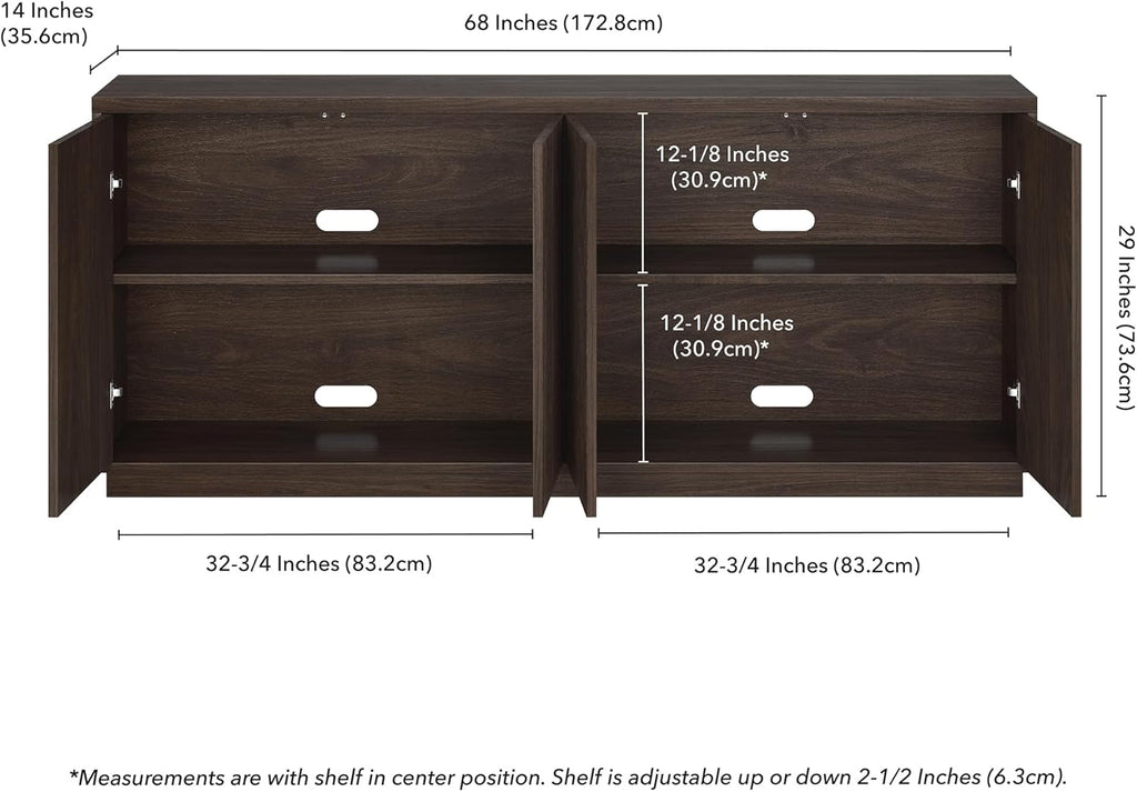 Henn&Hart 68" Fluted Sideboard Buffet Cabinet, Modern Ribbed Wooden Credenza with 4 Doors, Adjustable Shelves, and Cable Management Cut-Outs for Dining Room, Living Room or Entryway, Rich Brown