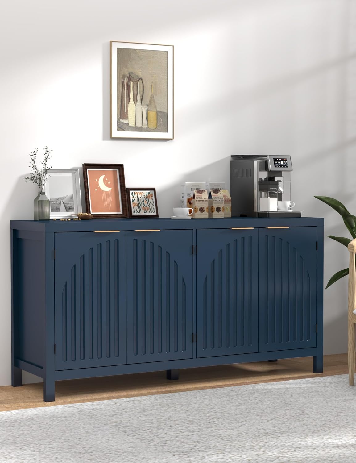 Fluted Sideboard Buffet Cabinet with Storage, 58'' Mid Century Modern Accent Credenza with Arch Doors & Adjustable Shelves, Wooden Coffee Bar for Dining Room Kitchen Living Room Entryway Hallway