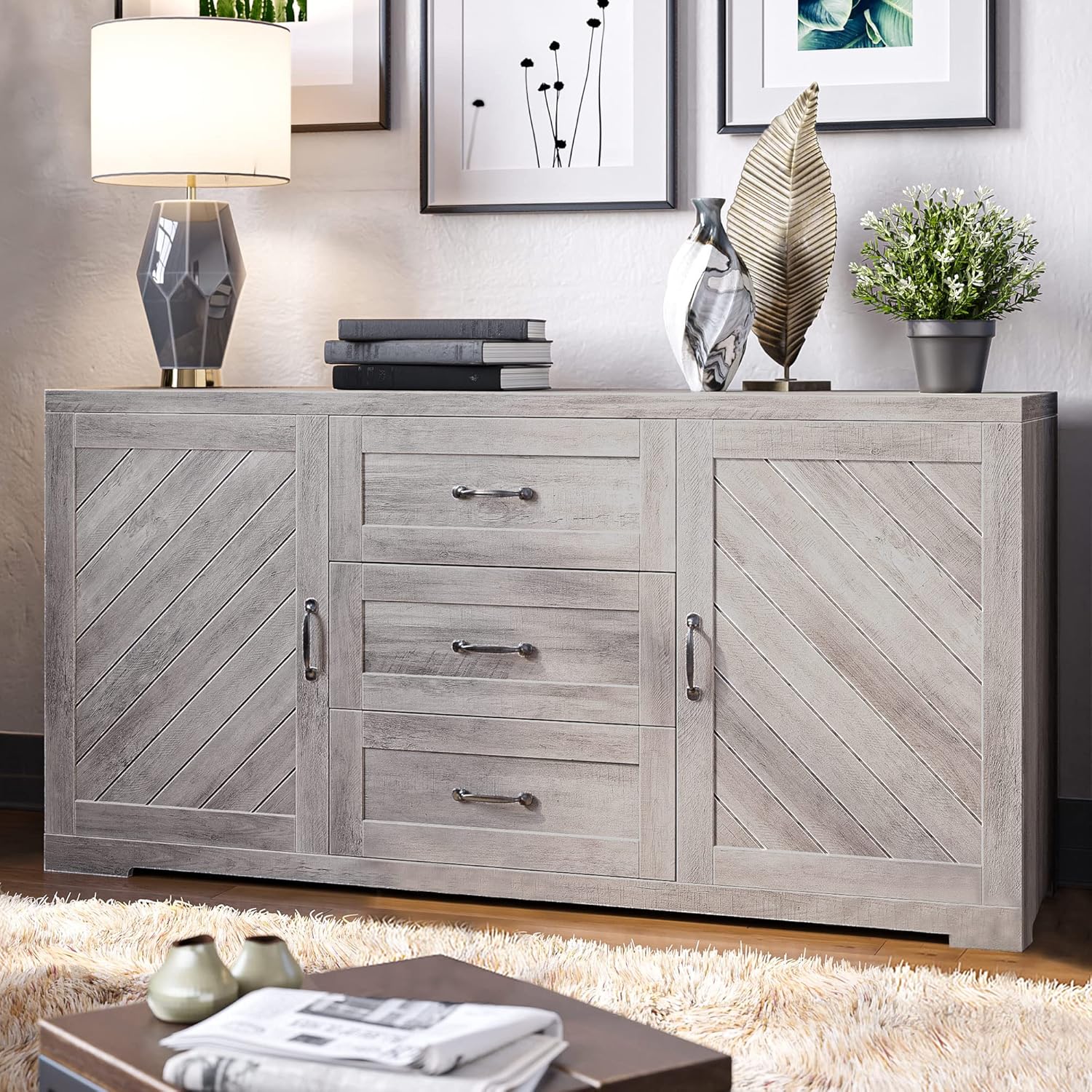 BELLEZE 60" Sideboard Buffet Cabinet, Console Table with Three Drawers & Two Storage Cabinet for Dining Room, Kitchen, and Living Room- Hilo (Gray Wash)