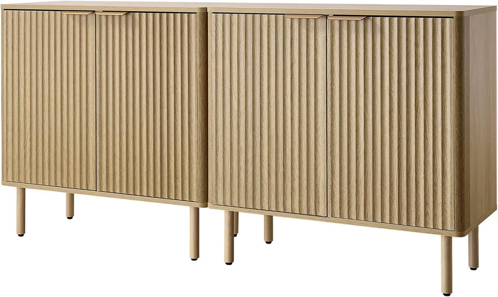 VEVOR Buffet Cabinet, Sideboard Cabinet with 2-Tier Storage, Coffee Bar Cabinet with Adjustable Shelves, Fluted Sideboard Buffet for Hallway, Entryway, Living Room, or Kitchen, Oak(2pcs)