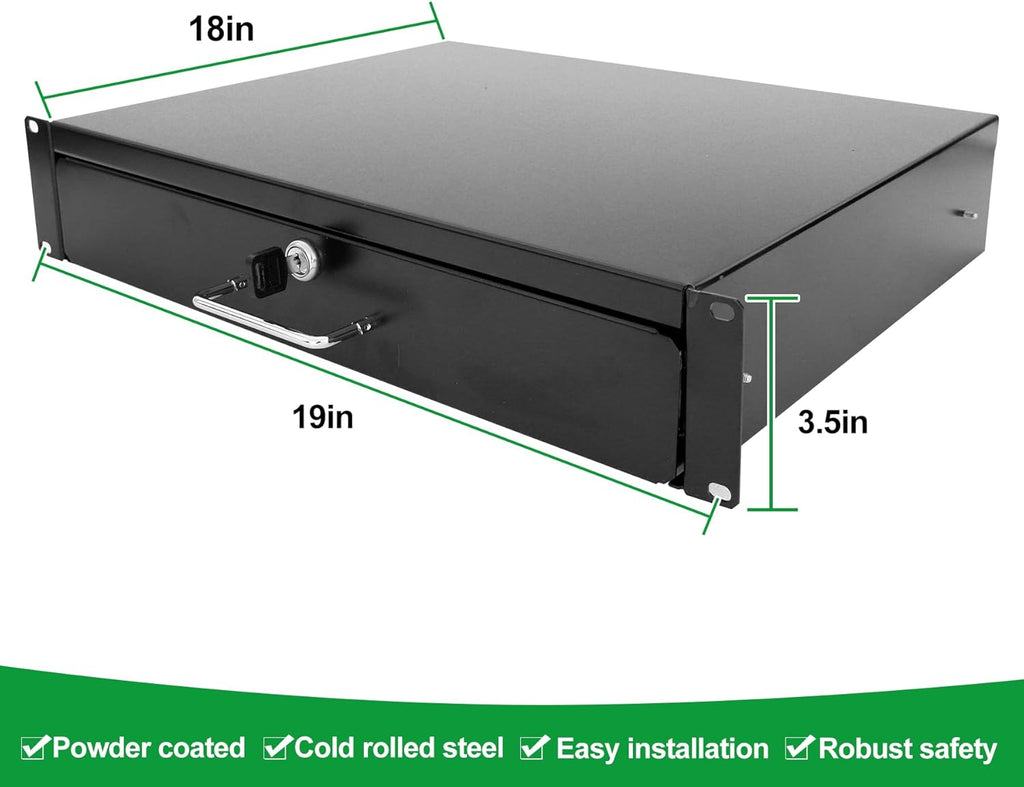 Server Cabinet Drawer Case Rack Drawer 19 Inch Rack Cabinet Mount Lockable Deep Drawer with Two Keys 18in Depth, Height 2U(3.5Inch) 19" W x 18" D x 3.5" H (CT18-2U, 2U18)