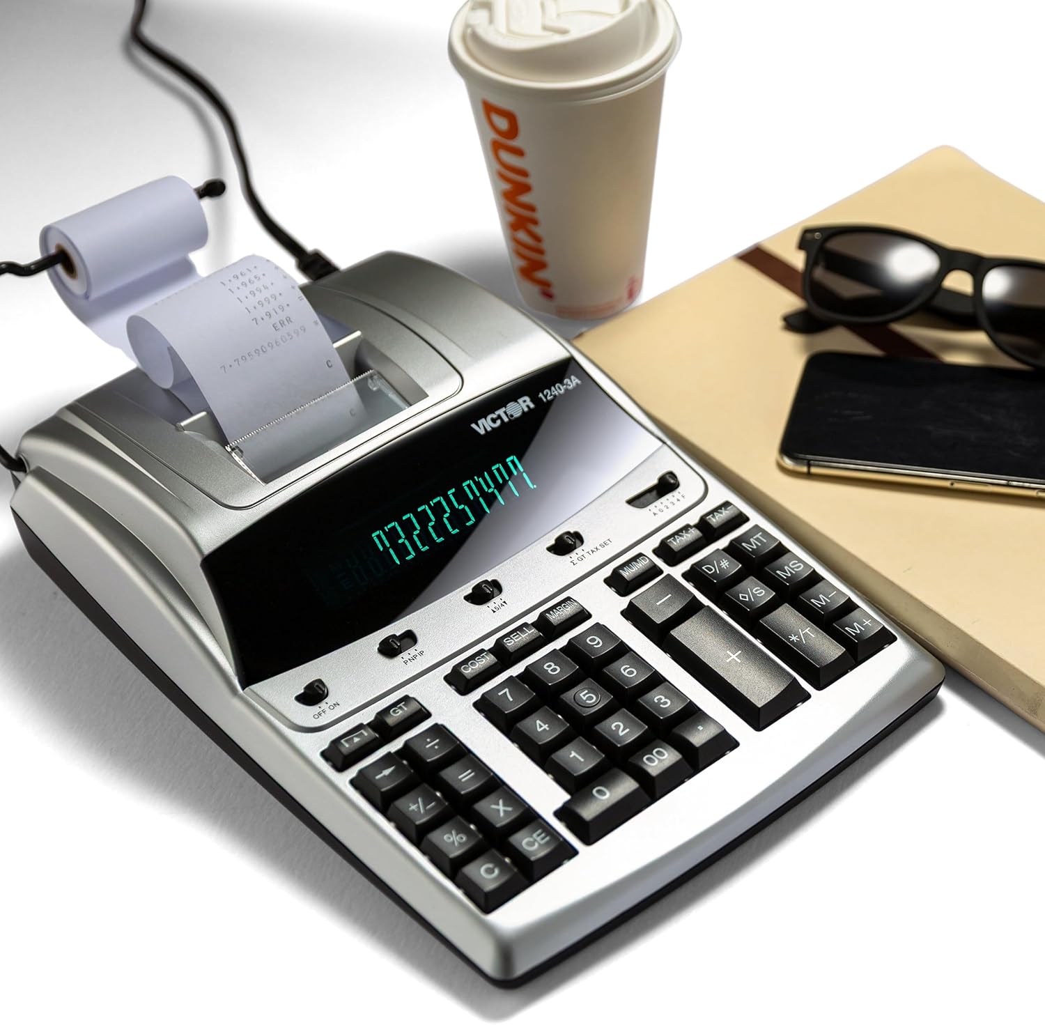 Victor 12-Digit Desktop Adding Machine, Large Easy To Read Display, Tape Print Out with 4,5 lines-per-second ribbon printer, Tax, Cost, Sell and Margin keys (1240-3A)