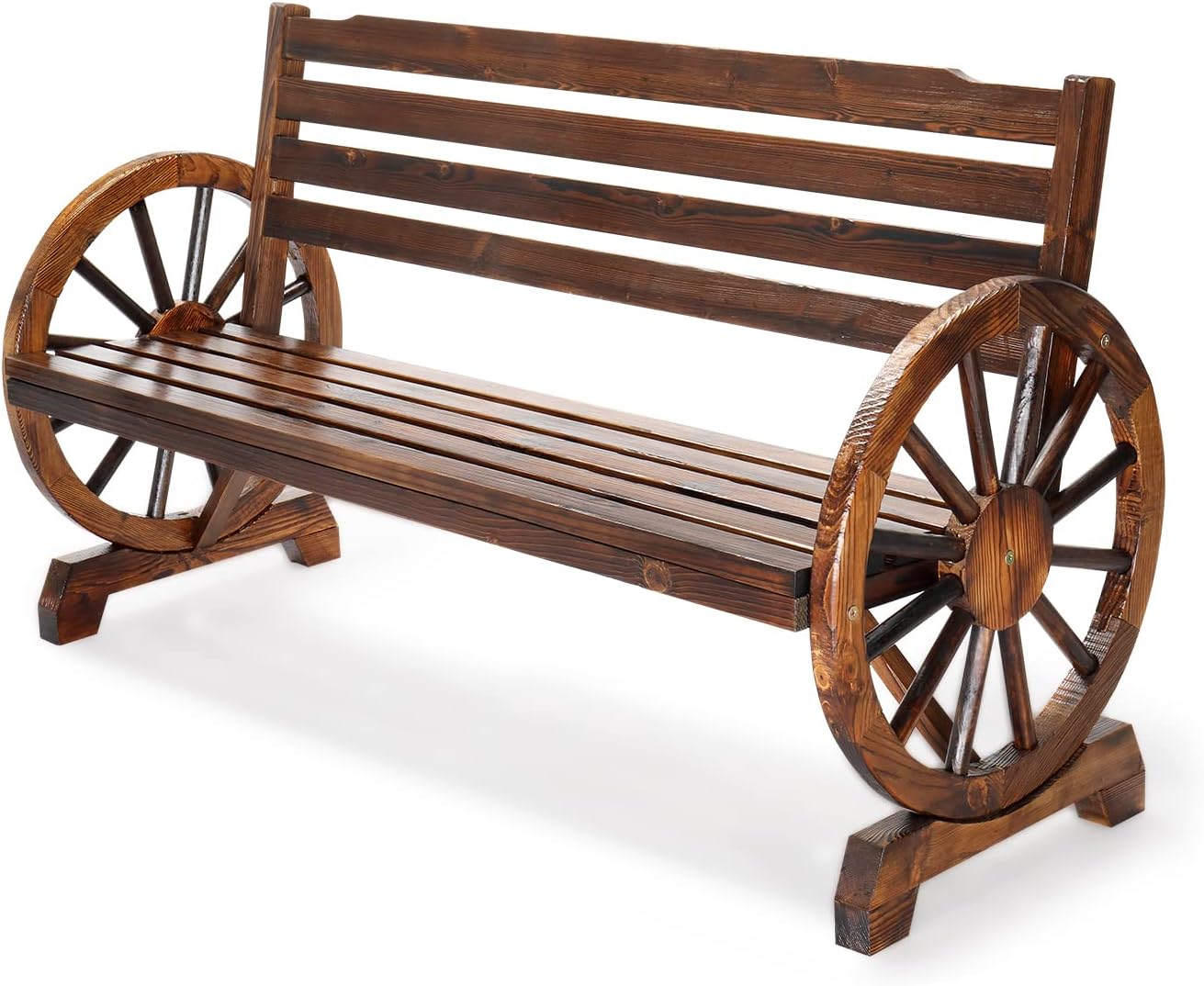 VINGLI Rustic Wooden Wheel Bench Outdoor Bench, Patio Bench Wagon Slatted Seat, Garden Benches for Outdoors 350lbs High Capacity, Weather Resistance (Rustic, 55in)