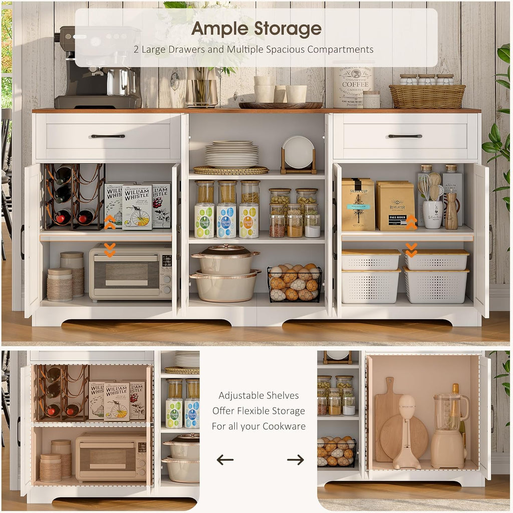 Whalefall 71" Farmhouse Sideboard Buffet Cabinet with Storage, Large Kittchen Credenza with 2 Drawers & 6 Doors, Modern Wooden Coffee Bar Cabinet for Kitchen Dining Room, White