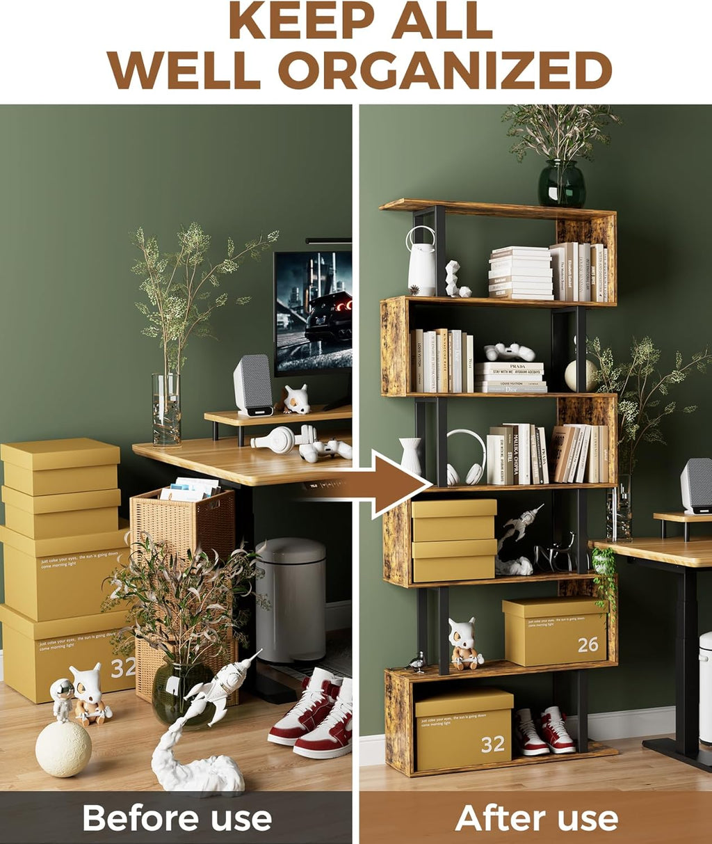 Gadroad 6 Tier Geometric Bookcase,S Shaped Bookshelf, Wood Decorative Storage Shelving, Modern Freestanding Display Shelves, Tall Book Shelf Unit for Living Room Bedroom, Rustic Brown