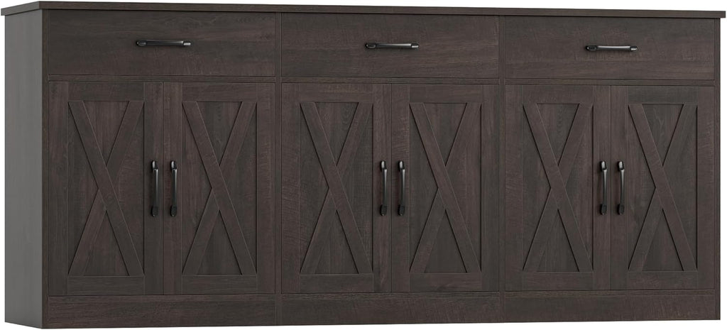 HOSTACK 71" Large Sideboard Buffet Cabinet with Storage, Farmhouse Coffee Bar Cabinet with 3 Drawers, Long Kitchen Buffet Table, Kitchen Sideboard Storage Cabinet for Dining, Living Room, Dark Brown