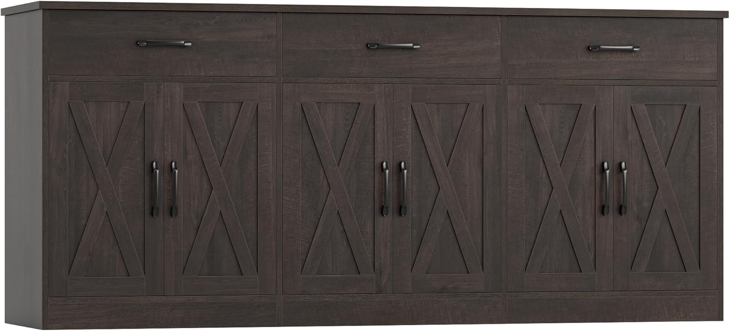 HOSTACK 71" Large Sideboard Buffet Cabinet with Storage, Farmhouse Coffee Bar Cabinet with 3 Drawers, Long Kitchen Buffet Table, Kitchen Sideboard Storage Cabinet for Dining, Living Room, Dark Brown