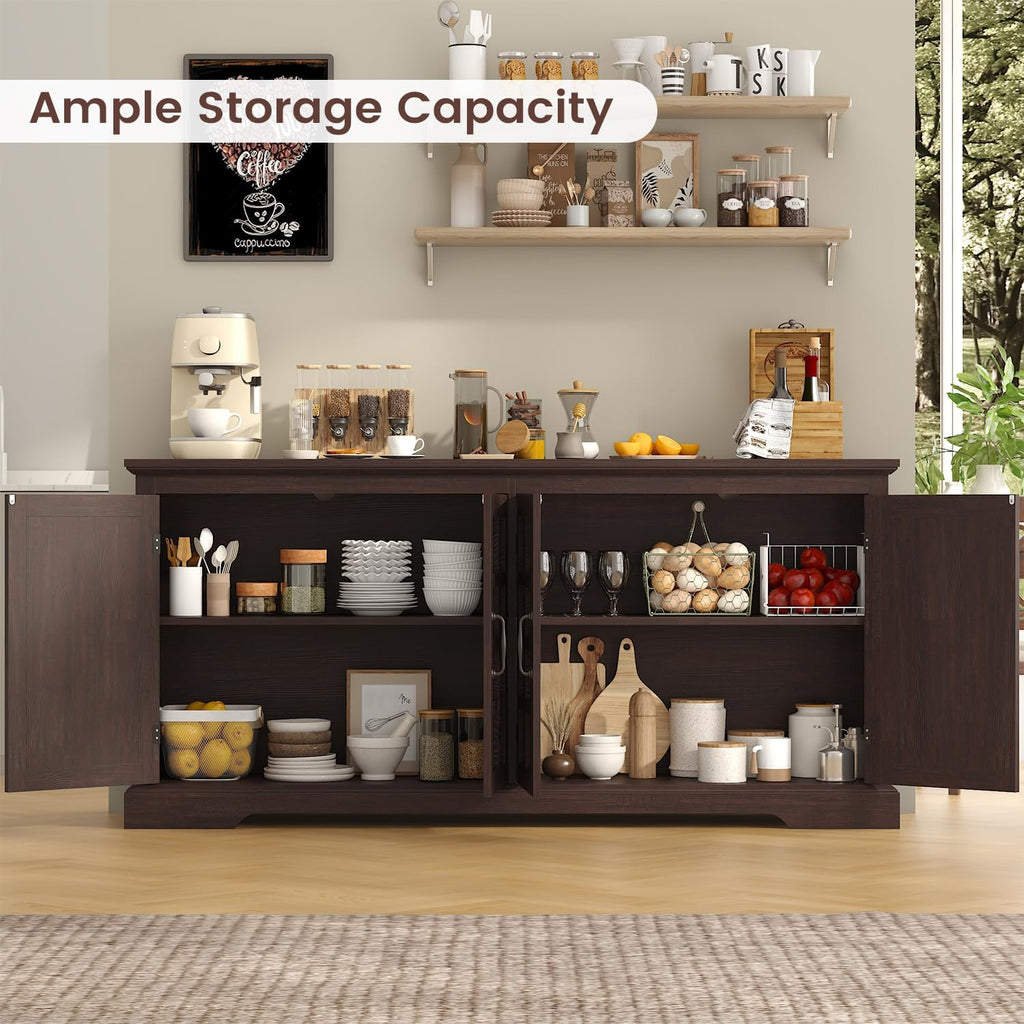 VVFLU 70" Sideboard Buffet Cabinet with Storage, Coffee Bar Cabinet with and 4 Doors, Long Wider Storage Cabinet Modern Farmhouse, Brown Wood, for Kitchen, Dining Room, Living Room