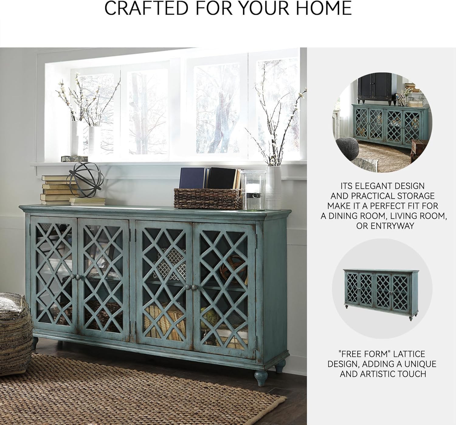 Signature Design by Ashley Mirimyn Vintage 69" 4-Door Accent Cabinet with Mirrored Glass and 2 Adjustable Shelves, Antique Blue