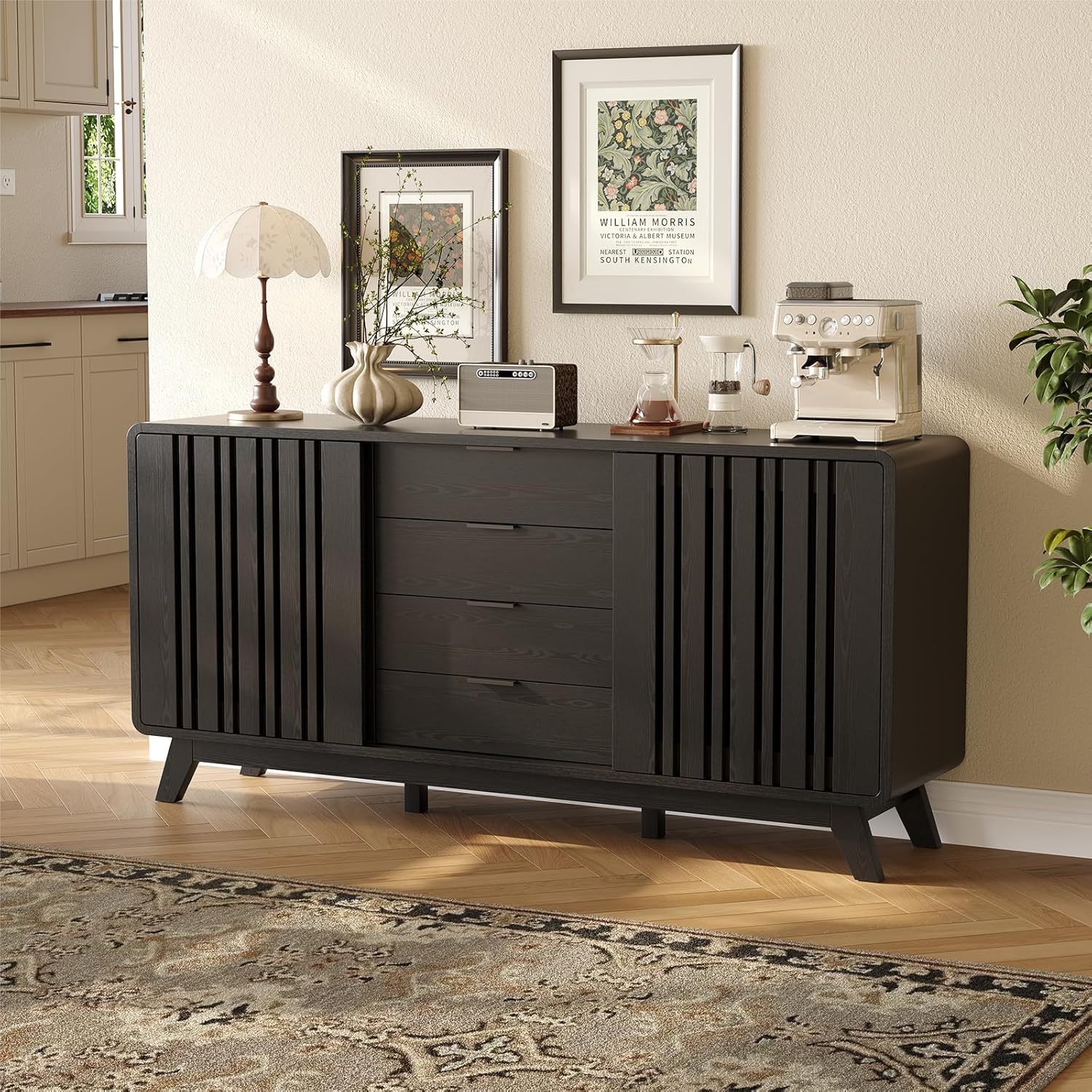 ONBRILL Sideboard Buffet Cabinet with Storage, Fluted Buffet Cabinet with Sliding Doors & 4 Drawers, Mid Century Modern Coffee Bar Wine Bar Credenza for Living Room, Kitchen (Black)