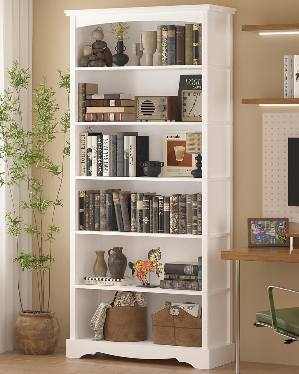 TVU 6-Tier Wooden Bookshelf, 76 Inch Tall Bookshelf with Storage, Floor Standing Modern Style Display Bookcase for Living Room, Office, Study Room, Entryway, White