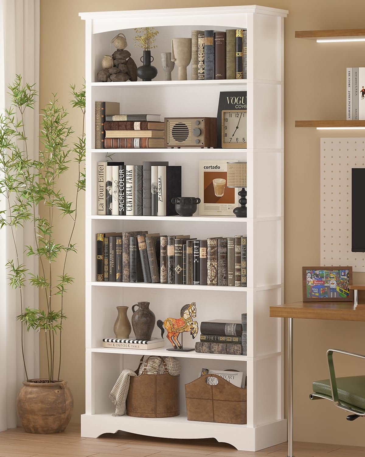 TVU 6-Tier Wooden Bookshelf, 76 Inch Tall Bookshelf with Storage, Floor Standing Modern Style Display Bookcase for Living Room, Office, Study Room, Entryway, White