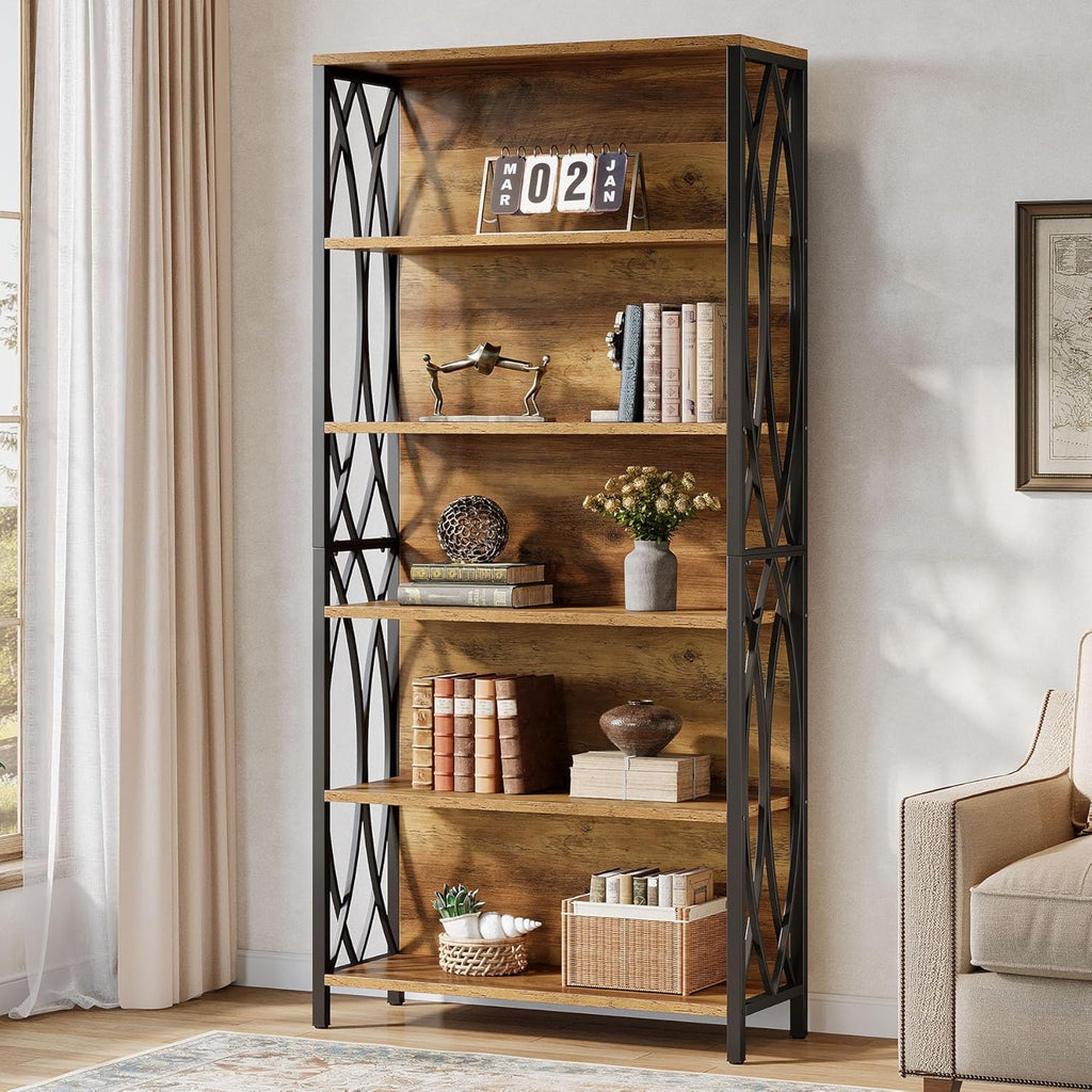 Tribesigns 70.87" Tall Bookshelf, 6-Tier Industrial Bookcase with Geometric Metal Frame & Open Storage Shelves, Rustic Freestanding Display Shelf for Home Office, Living Room, Brown& Black