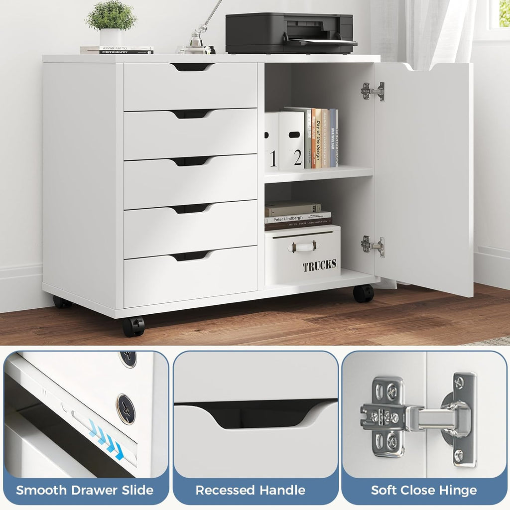 DUMOS 5 Drawer File Cabinet Office Drawers Organizer with Wheels Roliing, Under Desk Cabinets with Shelves and Door Printer Stand with Wood Board Metal Frame for Home Office Storage Craft Room, White