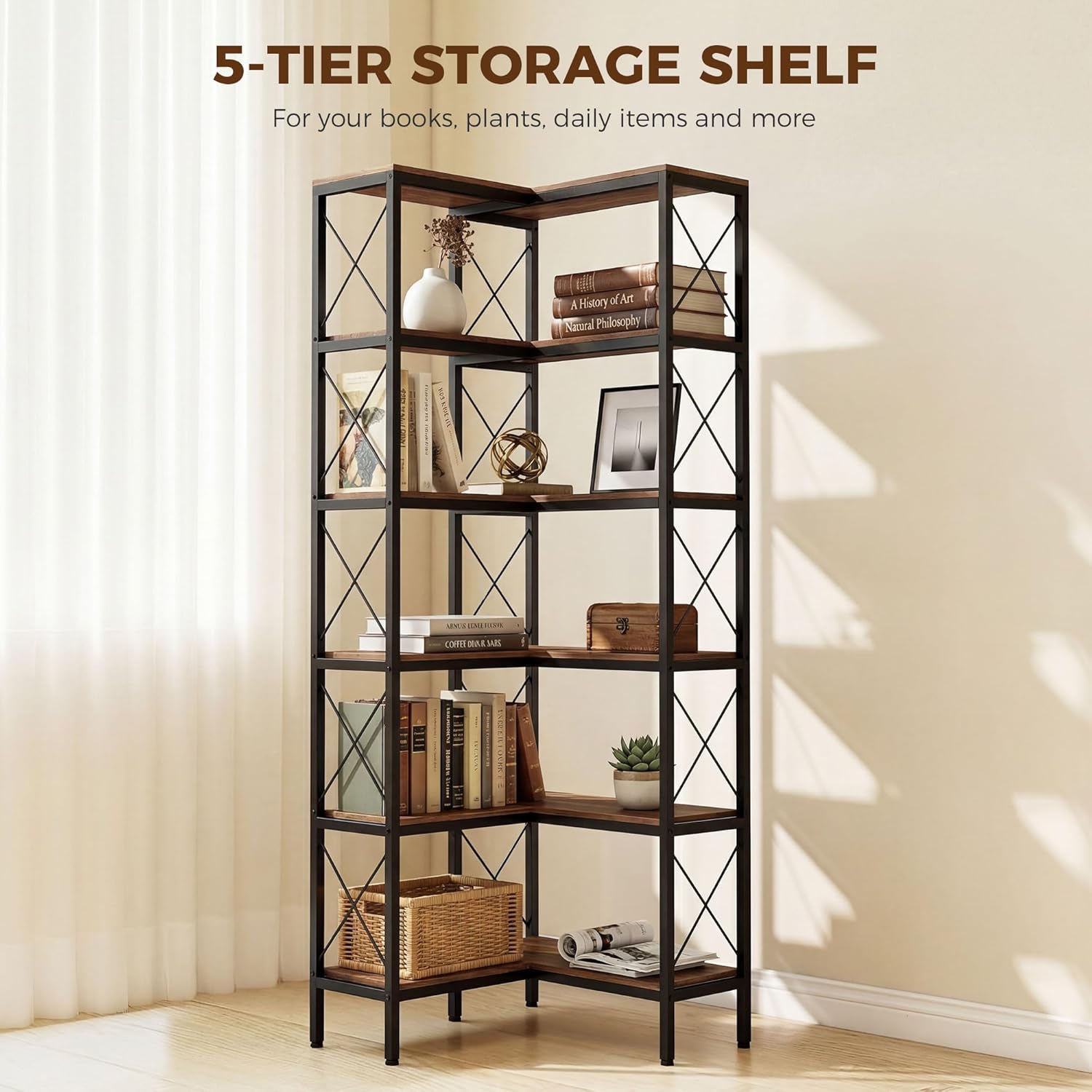 HOMCOM 5-Tier L-Shaped Bookshelf, Corner Bookcase, Modern Freestanding Display Shelf Unit for Home Office, Living Room, Rustic Brown