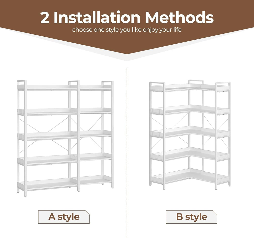 Rolanstar Bookshelf 5 Tier with 4 Hooks, Reversible Corner Bookshelf, 65" Industrial Wooden Bookcase with Open Shelves and Metal Frame for Living Room, Bedroom, Home Office, White