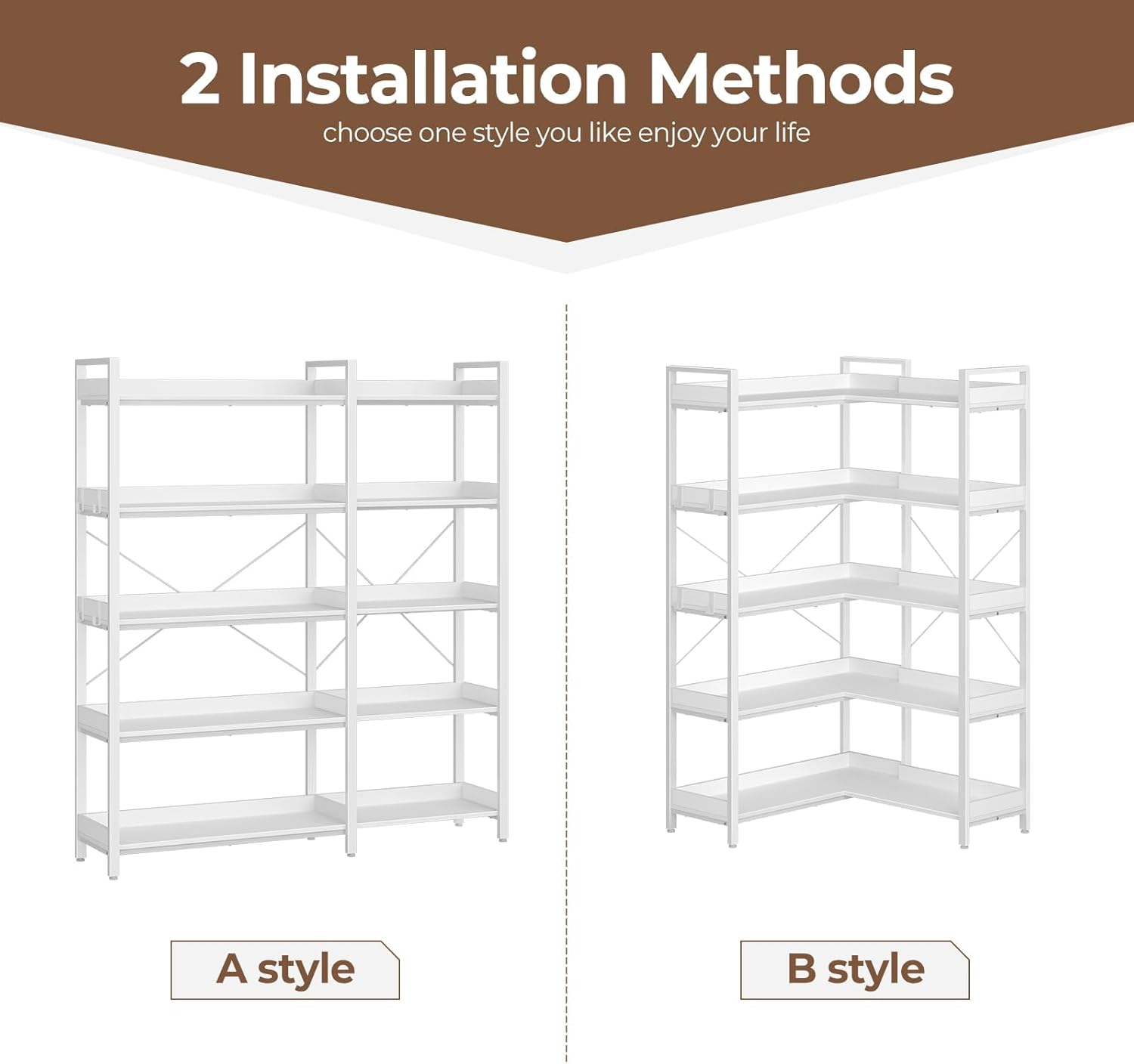 Rolanstar Bookshelf 5 Tier with 4 Hooks, Reversible Corner Bookshelf, 65" Industrial Wooden Bookcase with Open Shelves and Metal Frame for Living Room, Bedroom, Home Office, White