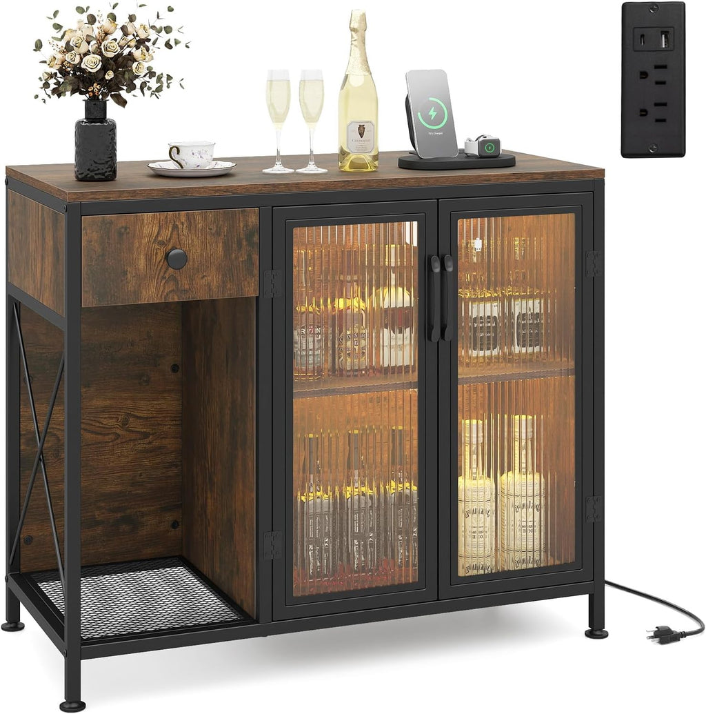 Giantex Buffet Sideboard with Power Outlets and LED Light, Industrial Kitchen Storage Cabinet with Drawer and Doors, Coffee Bar Table for Dining Room, Rustic Brown